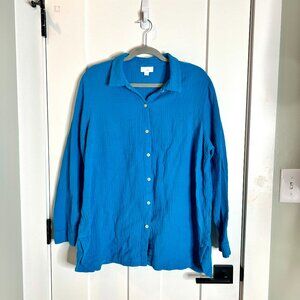 J. Jill Turquoise Blue Button Down Crinkle Gauzy Oversized Boho Top Size Large